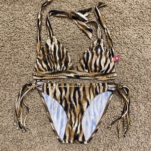 Guess sz M bikini halter top with gold studs and M bottom with studs